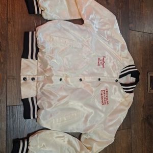 Vintage Central Palace Pin Up Girl Varsity Satin Jacket Size L Made in USA Eotm